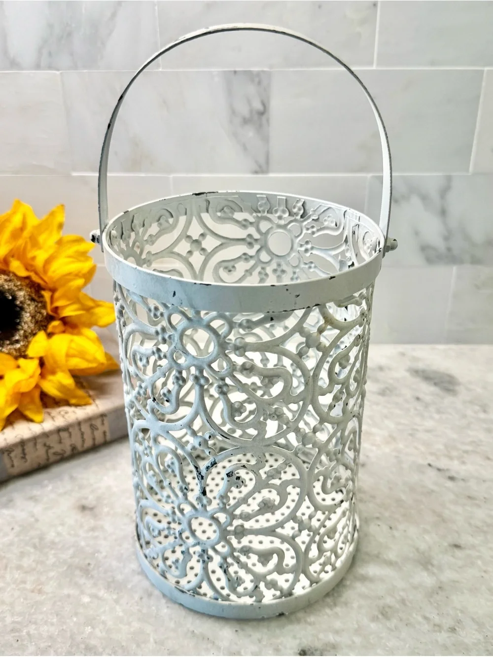 New Rustic Distressed Ornate Chippy White Metal Bucket Holder Decor - 7” x 5”